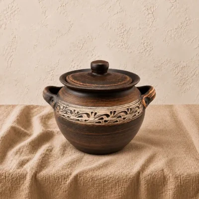 Супник глиняний 3,5 л з ручками та кришкою ангоб