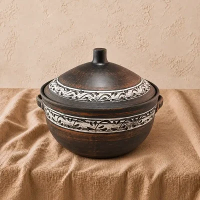 Супник глиняний 4 л з ручками та кришкою ангоб